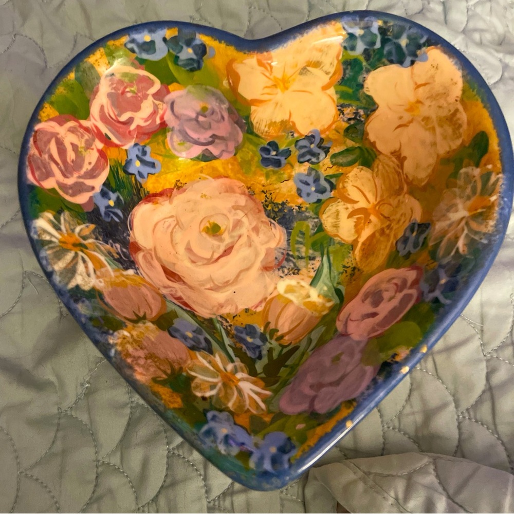 Lesal Ceramic Hand Painted Pink Floral Heart shape bowl Artist Sign